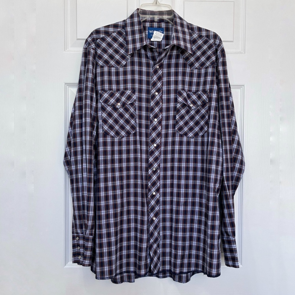 Wrangler Pearl Snap Plaid Shirt Mens Large Tall Blue Long Sleeve Rodeo Cowboy